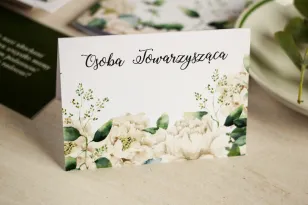 Florale Hochzeitsvignetten für den Hochzeitstisch, Grafiken im grünen Stil mit weißen Pfingstrosen mit dem Zusatz von