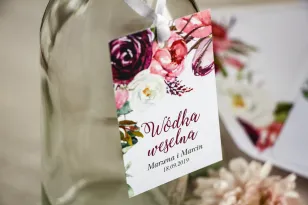 Hochzeitsflaschenanhänger, florale Grafiken mit rosa und lila Pfingstrosen und Tulpen