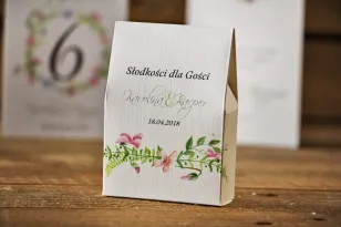 Pudełeczko stojące na cukierki, podziękowania dla Gości weselnych - Akwarele nr 4 - Pudrowe delikatne fiołki z zielenią
