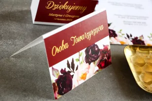 Burgundowe Winietki ślubne ze złoceniem. Grafika z różami, paprocią i eukaliptusem
