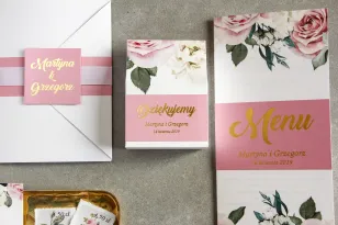 Schachtel für Süßigkeiten als Dankeschön für Hochzeitsgäste - Pink Graphics mit Rosen und weißen Pfingstrosen
