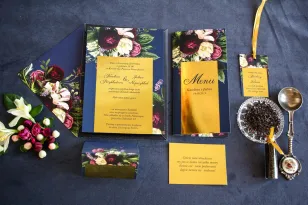 Zestaw próbny - Granatowe zaproszenia ślubne w stylu glamour ze złota ramką