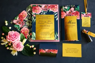 Zestaw próbny - Granatowe zaproszenia ślubne w stylu glamour ze złota ramką, różowymi piwoniami i różami
