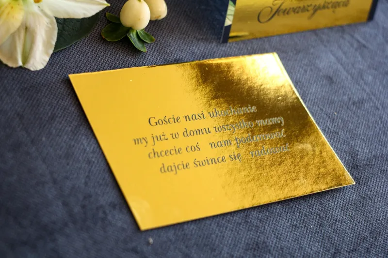 Złoty bilecik do zaproszeń ślubnych w stylu Glamour - Laura nr 2