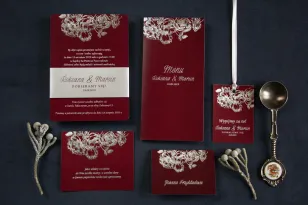Zestaw próbny: Eleganckie bordowo – srebrne zaproszenia ślubne w stylu glamour ze srebrną, perłową opaską