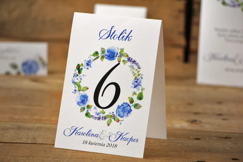 Numery stolików, stół weselny, ślub - Akwarele nr 5 - Chabrowe kwiaty