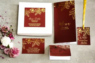 Bordowe zaproszenia ślubne glamour w pudełku – połączenie eleganckiego pudełka z kolorem bordowym i złoceniami - zestaw próbny