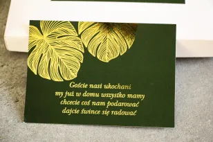 Bilecik do zaproszeń ślubnych ze złoceniem w stylu Glamour. Eleganckie połączenie zieleni ze złoconymi liśćmi monstery