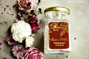 Świeczki - podziękowania dla gości weselnych w stylu Glamour. Eleganckie połączenie bordo ze złoconymi gałązkami