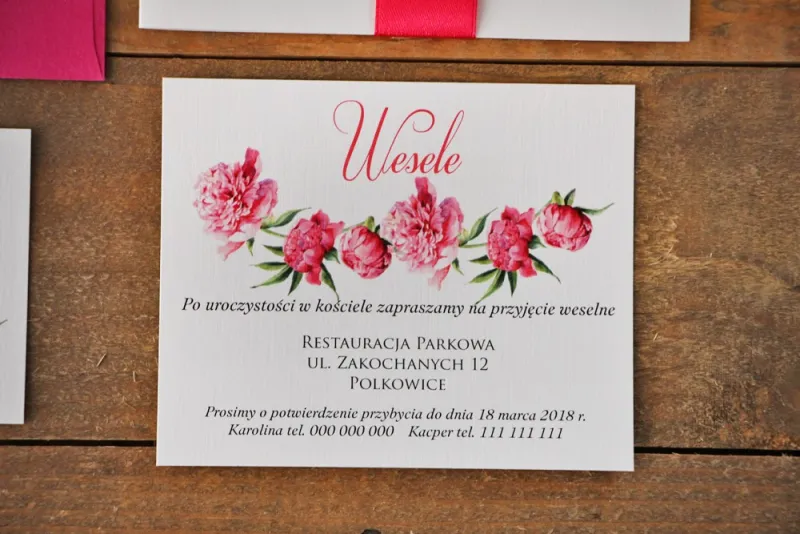 Bilecik do zaproszenia 120 x 98 mm prezenty ślubne wesele - Akwarele nr 6 - Amarantowe piwonie