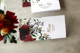 Burgundowe, bordowe Menu weselne ze złoconymi gałązkami w stylu glamour, motyw bordowych piwonii z zielonymi gałązkami