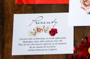 Bilecik do zaproszeń ślubnych. Grafika z kremowymi i bordowymi różami