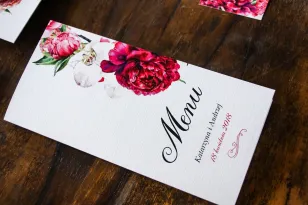 Menu ślubne, weselne - Grafika z różowymi i amarantowymi piwoniami. Odcienie mocnego różu