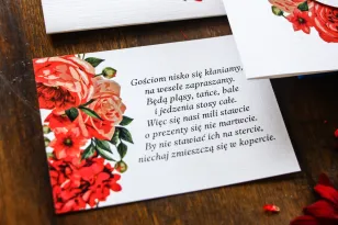 Bilecik do zaproszeń ślubnych. Grafika z bordowymi, czerwonymi kwiatami
