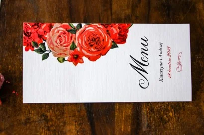 Menu Ślubne Malowane Kwiaty | Eleganckie Menu Weselne z Grafiką Bordowo-Czerwonych Kwiatów