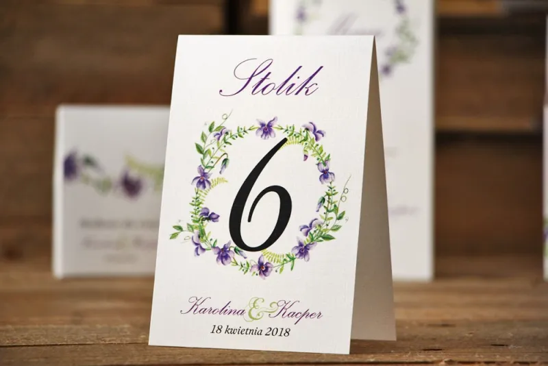 Numery stolików, stół weselny, ślub - Akwarele nr 7 - Delikatne fioletowe fiołki