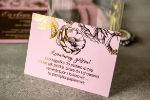 Różowy bilecik do zaproszeń ślubnych w stylu Glamour ze złoceniem grafiki róż