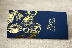 Granatowe Menu Weselne w stylu Glamour ze złoceniem grafiki róż