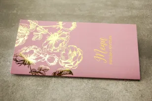 Różowe Menu Weselne w stylu Glamour ze złoceniem grafiki róż