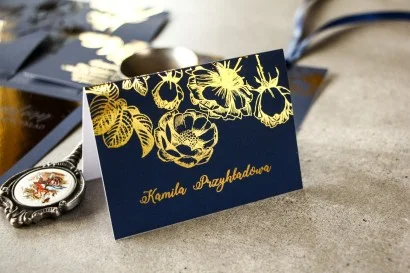 Granatowe Winietki Ślubne Brilant nr 1 ze Złotymi Różami | Eleganckie i Personalizowane | Amelia Wedding