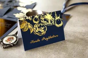 Marineblaue Hochzeitsvignetten im Glamour-Stil mit vergoldeten Rosengrafiken