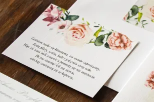 Kremowo-różowy Bilecik do zaproszeń ślubnych z pastelowymi różami, goździkiem, eustomą i frezją nr 27