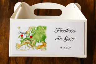 Podziękowanie dla gości weselnych, prostokątne pudełka na ciasto z mapą Europy