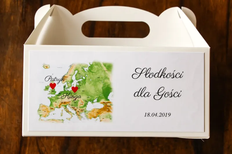 Podziękowanie dla gości weselnych, prostokątne pudełka na ciasto z mapą Europy Podziękowanie dla gości weselnych, prostokątne pudełka na ciasto z mapą Europy
