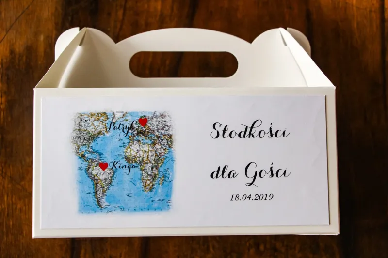 Podziękowanie dla gości weselnych, prostokątne pudełka na ciasto z mapą Świata