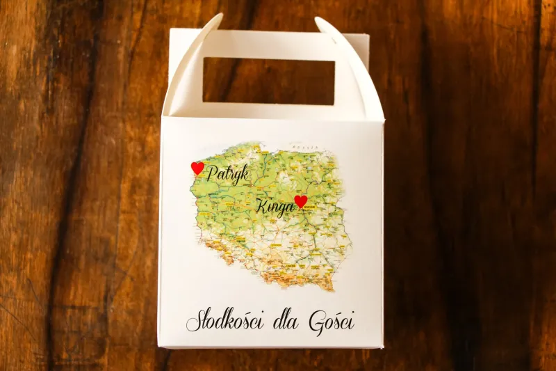 Podziękowania dla gości weselnych. Kwadratowe pudełko na Ciasto z mapą Polski Podziękowania dla gości weselnych. Kwadratowe pudełko na Ciasto z mapą Polski