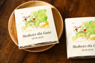 Dank Hochzeitsgästen in Form von Milchschokolade, Verpackung mit Europakarte für Paare aus verschiedenen Ländern