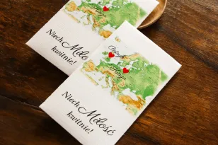Hochzeitsdanksagungen, Samen für Hochzeitsgäste mit einer Europakarte für Paare aus verschiedenen Ländern
