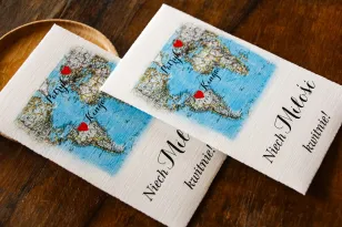 Hochzeitsdanksagungen, Samen für Hochzeitsgäste mit einer Weltkarte für Paare aus verschiedenen Ländern