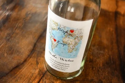 Etykiety na butelki weselne z mapą Świata - Mapa Uczuć nr 3
