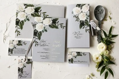 Eleganckie Zaproszenia Ślubne z Białymi Różami i Srebrnym Akcentem | Zaproszenia Weselne | Pastelowe nr 2