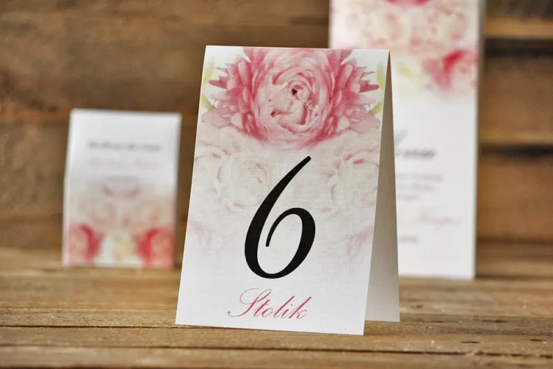 Numery stolików, stół weselny, ślub - Akwarele nr 9 - Różowe piwonie