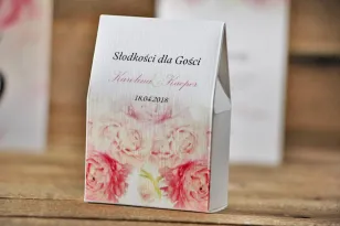 Pudełeczko stojące na cukierki, podziękowania dla Gości weselnych - Akwarele nr 9 - różowe piwonie