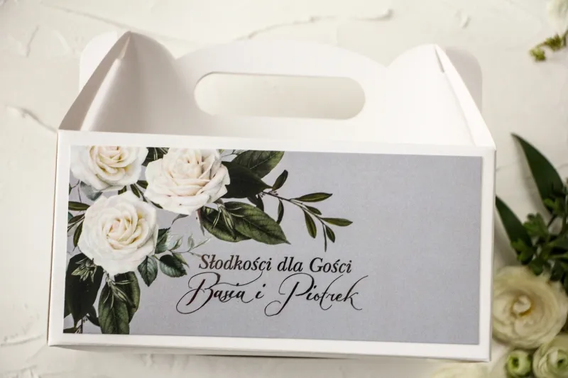 Prostokątne Pudełko na Ciasto Weselne z białymi różami w stylu glamour ze srebrnym tekstem