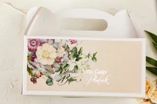 Cremige rechteckige Glamour-Hochzeitstortenbox mit zartem Vintage-Bouquet
