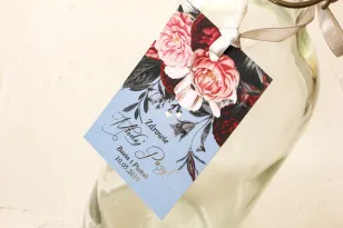 Anhänger für Hochzeitsflaschen im Glamour-Stil mit silbernem Text – gedämpftes Blau