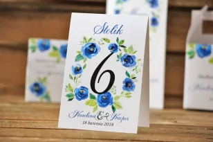 Numery stolików, stół weselny, ślub - Akwarele nr 10 - Chabrowe kwiaty