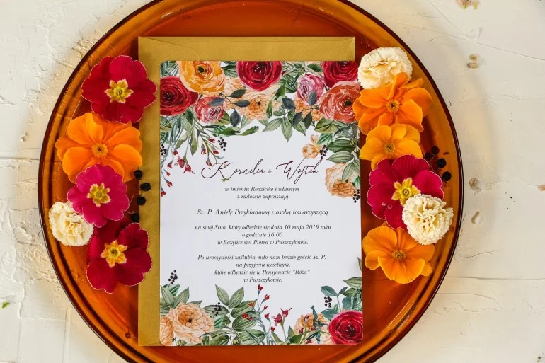 Wyjątkowe Zaproszenia Weselne z Pomarańczowymi i Amarantowymi Różami
