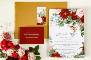 Hochzeitseinladungen mit burgunderroten Dahlien und pastellfarbenen Rosen