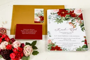 Zaproszenia ślubne z bordowymi daliami i pastelowymi różami
