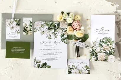 Eleganckie Zaproszenia z białymi różami i zielonymi akcentami | Zaproszenia na wesele jednokartkowe | Wenis nr 4