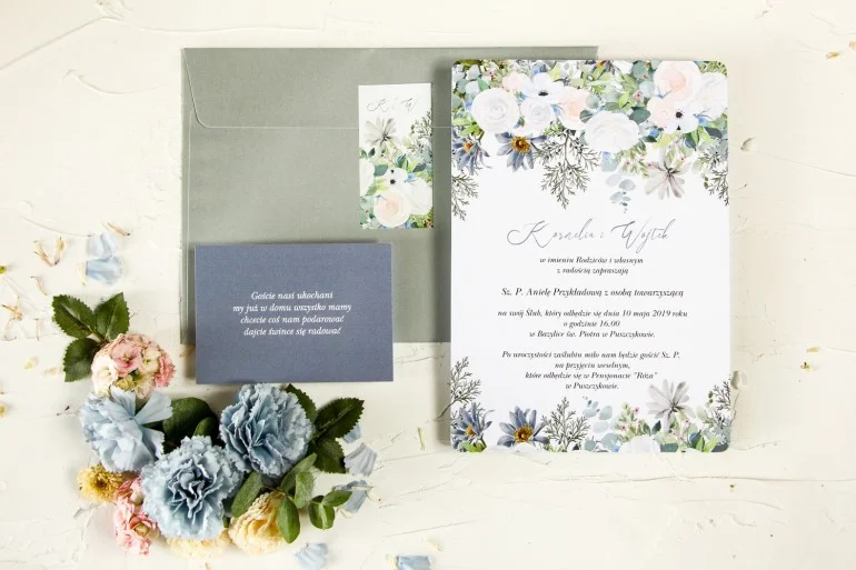 Ślubne Zaproszenie minimalistyczne z motywem białych róż i eukaliptusa | Zaproszenie na wesele jednokartkowe