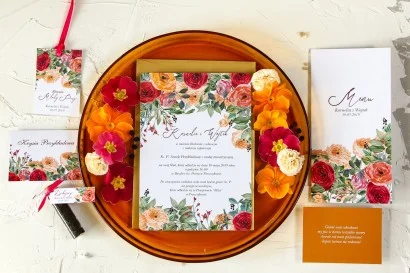 Próbka - Zaproszenia ślubne z pomarańczowymi i amarantowymi różami