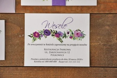 Bilecik do zaproszenia 120 x 98 mm - Akwarele nr 11 - Fioletowe kwiaty
