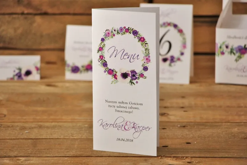 Menu weselne, stół weselny - Akwarele nr 11 - Drobne kwiaty w odcieniach fioletu