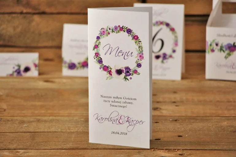 Menu weselne - Akwarele nr 11 - Dodatki ślubne w odcieniach fioletu